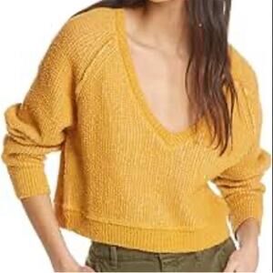 Free People Women’s V Neck Cropped Sweater Top Yellow Gold Large
